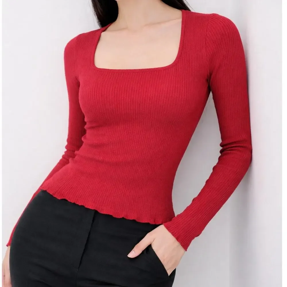Amour Vert Red Square Neck Ribbed Fitted Top Long Sleeve Womens Med